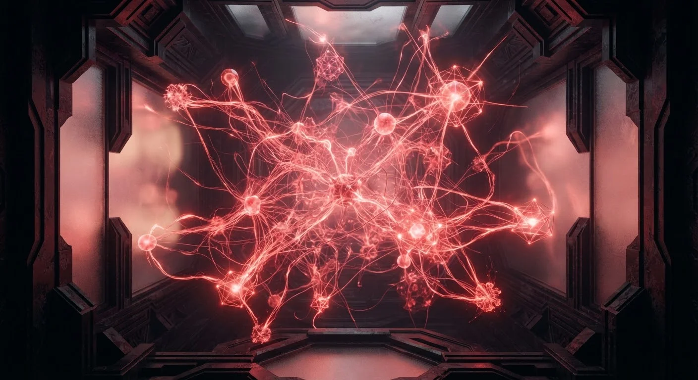 Crimson neural filaments connecting in a synaptic network visualization